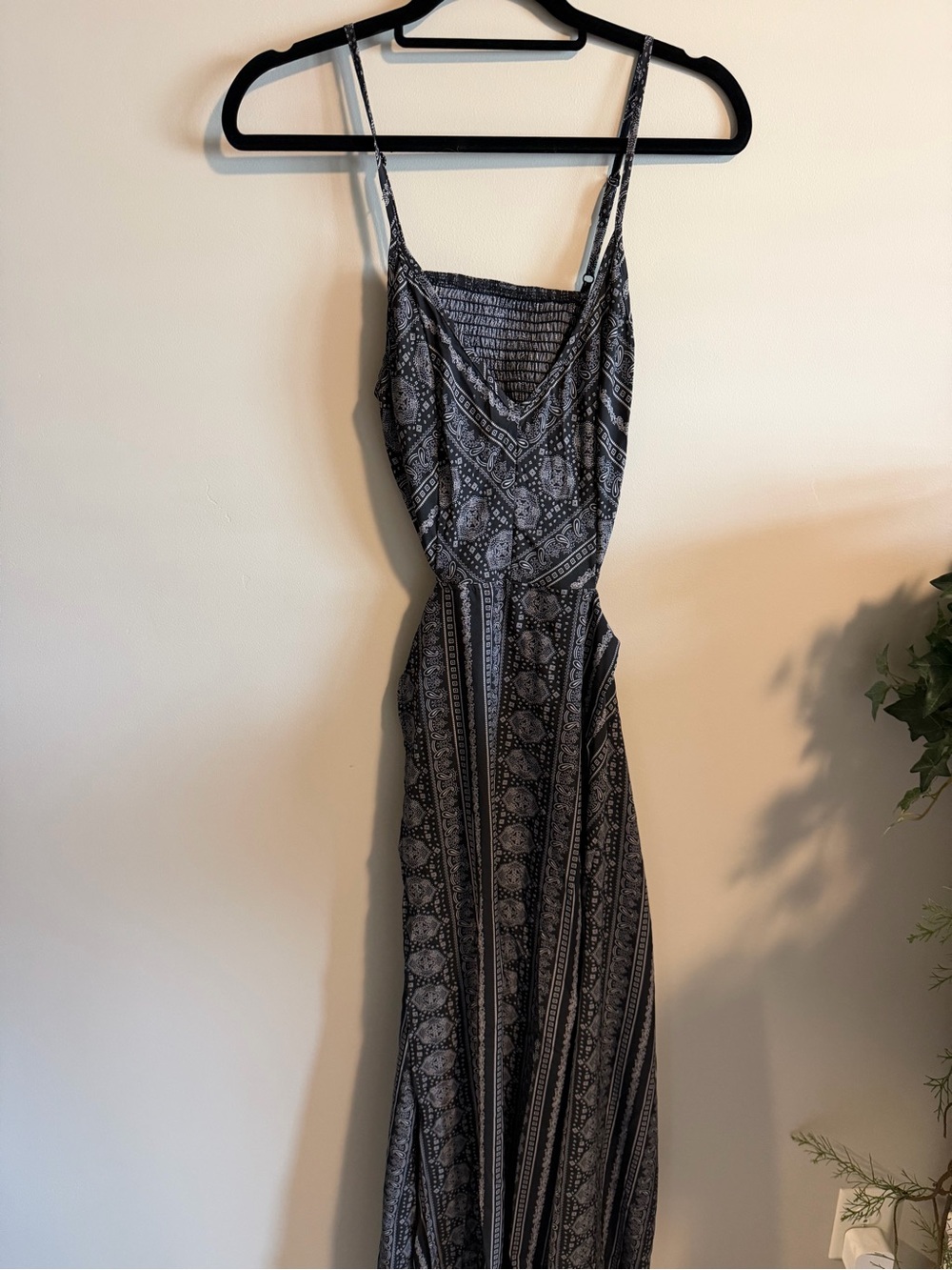 Black Patterned Maxi Dress with Smocked Bodice double slit & back cut out
